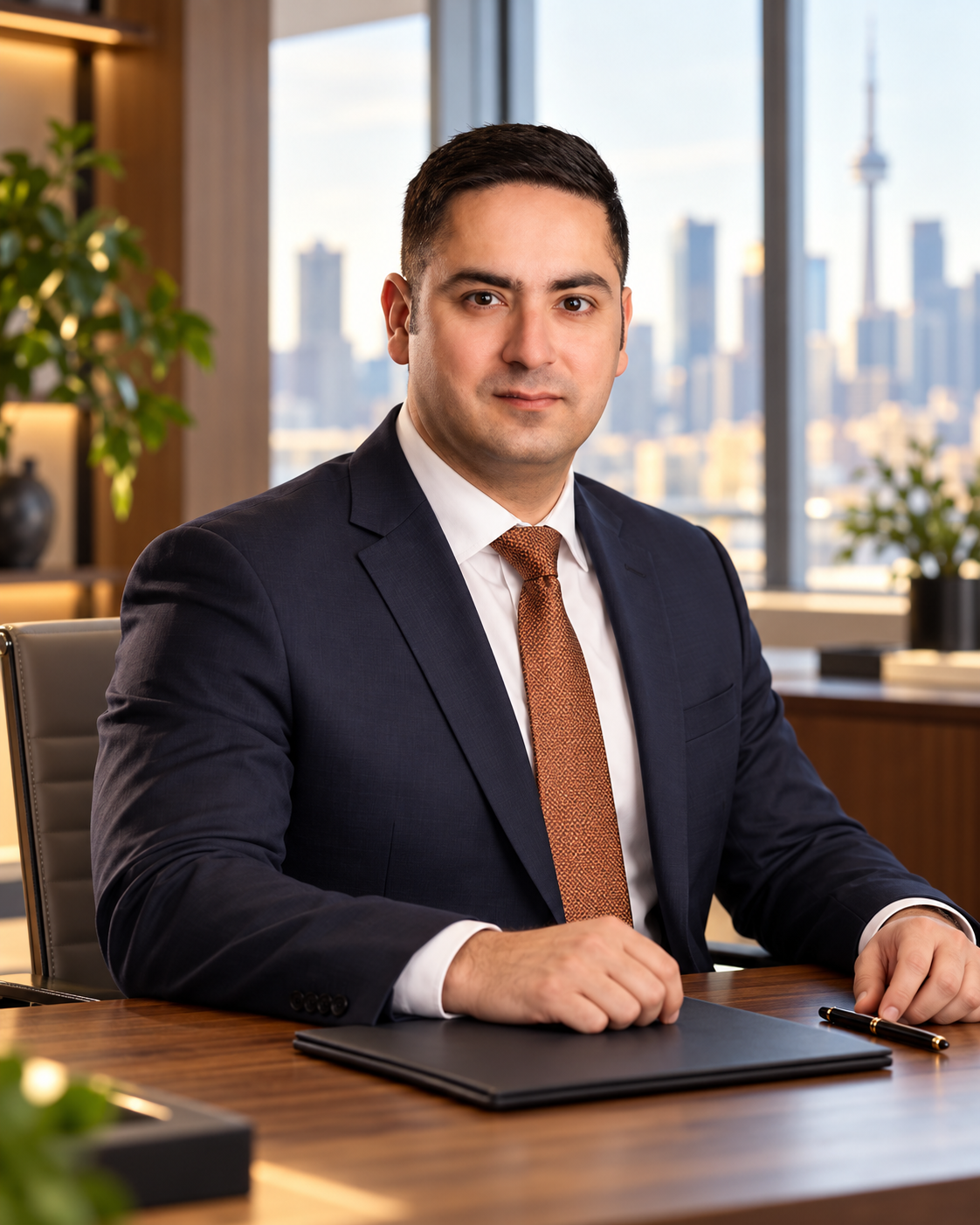 AI-assisted portrait of Ramneet Sachdeva in an illustrative mortgage office